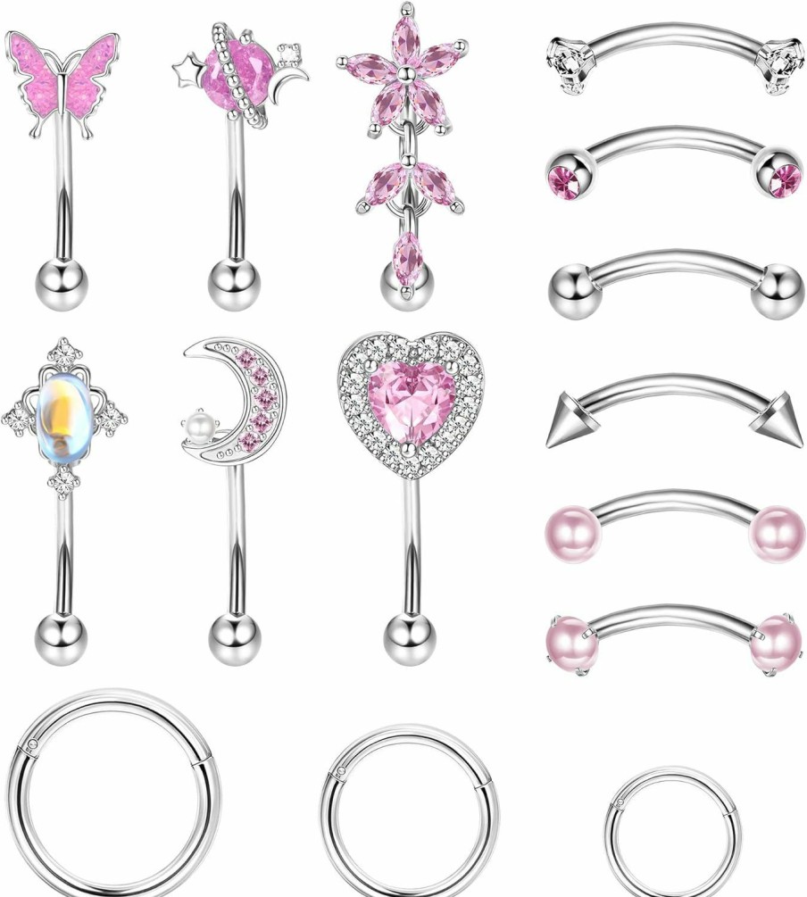 JOERICA Joerica 15 Pcs 16G Rook Piercing Jewelry Curved Eyebrow Rings Stainless Steel Butterfly Heart Moon Flower Barbell Cz Belly Lip Rings Cartilage Hoop Rook Daith Earrings Tragus Body Piercing Jewelry | Body Piercing Barbells