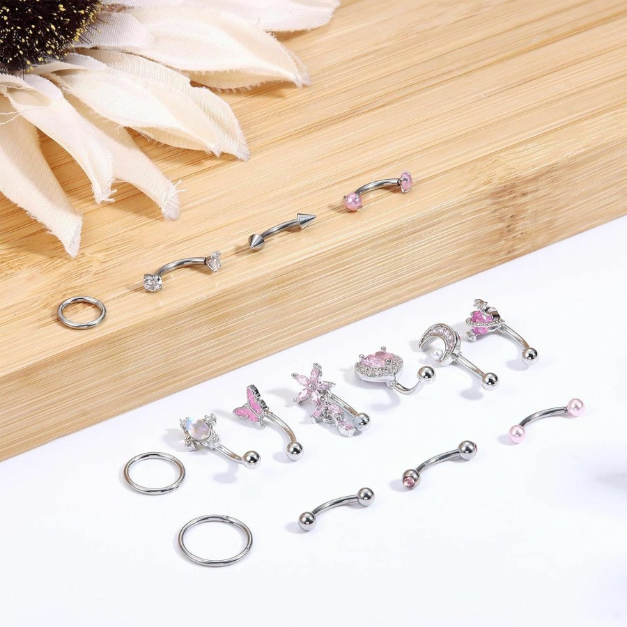 JOERICA Joerica 15 Pcs 16G Rook Piercing Jewelry Curved Eyebrow Rings Stainless Steel Butterfly Heart Moon Flower Barbell Cz Belly Lip Rings Cartilage Hoop Rook Daith Earrings Tragus Body Piercing Jewelry | Body Piercing Barbells