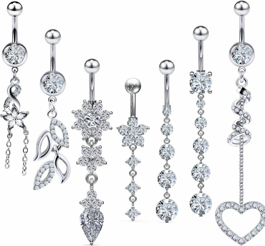 Vsnnsns Vsnnsns 14G Belly Button Rings Belly Rings For Women Stainless Steel Cz Opal Dangle Belly Button Piercing Jewelry Belly Rings Bars Curved Navel Ring Barbell Body Jewelry Piercing For Women Men 9Pcs | Body Piercing Barbells