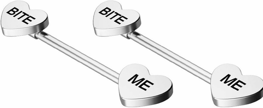 Salwosai Salwosai 14G Stainless Steel Nipple Rings Bite Me Heart-Shaped Letter Straight Barbell Bars Tongue Ring 16Mm(5/8 Inch) Body Piercing Jewelry | Body Piercing Barbells