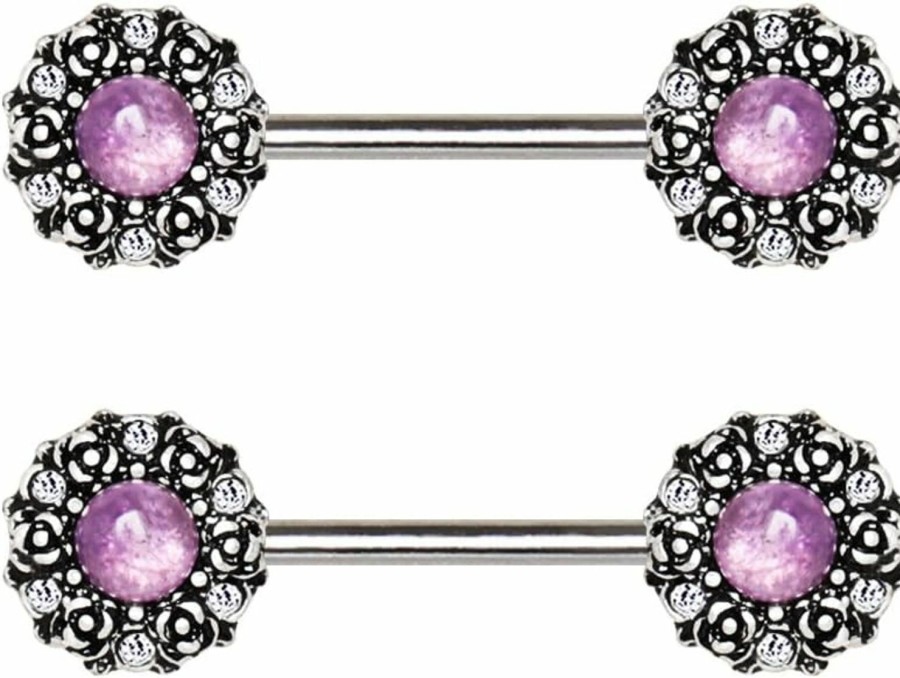 Pierced Owl Pierced Owl - 14G Stainless Steel Antique Rose Flowers With Stone Inlay Nipple Barbells, Sold As A Pair | Body Piercing Barbells