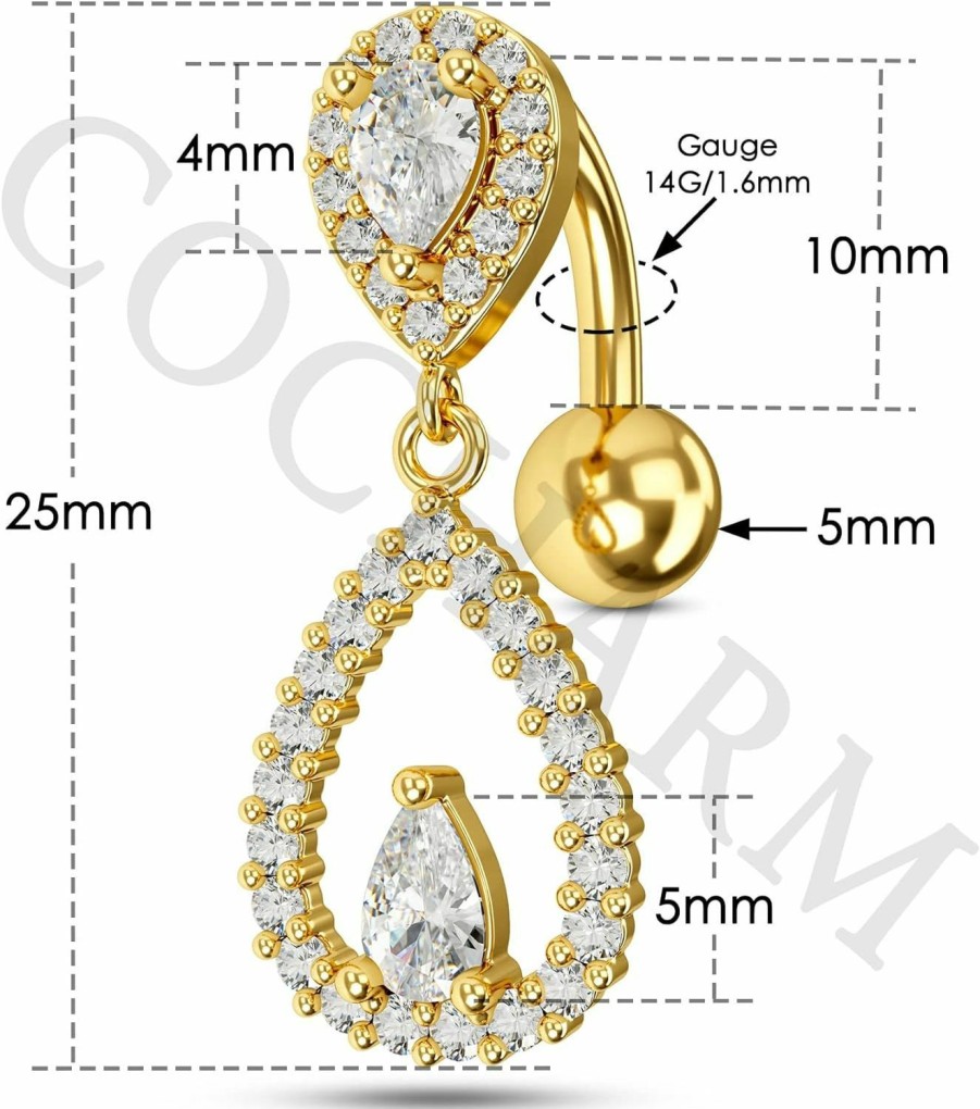 COCHARM Cocharm Top Down Belly Button Rings 14G Cute Cz Heart Belly Button Rings For Women Dangle Tear Drop Belly Ring Belly Piercing Jewelry | Body Piercing Barbells