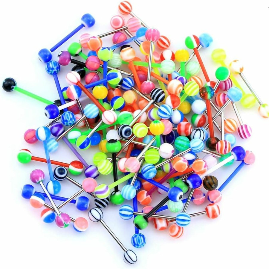 CM Crareesi Mania Cm Crareesi Mania 50Pcs Tongue Rings Pack 14G 316L Stainless Steel Tongue Rings Barbells Assorted Colors Flexible Multicolor Tongue Bars | Body Piercing Barbells