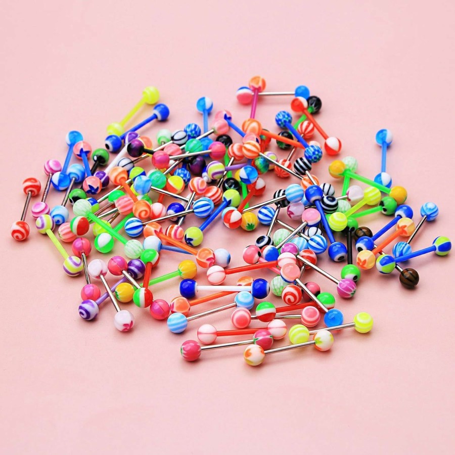 CM Crareesi Mania Cm Crareesi Mania 50Pcs Tongue Rings Pack 14G 316L Stainless Steel Tongue Rings Barbells Assorted Colors Flexible Multicolor Tongue Bars | Body Piercing Barbells