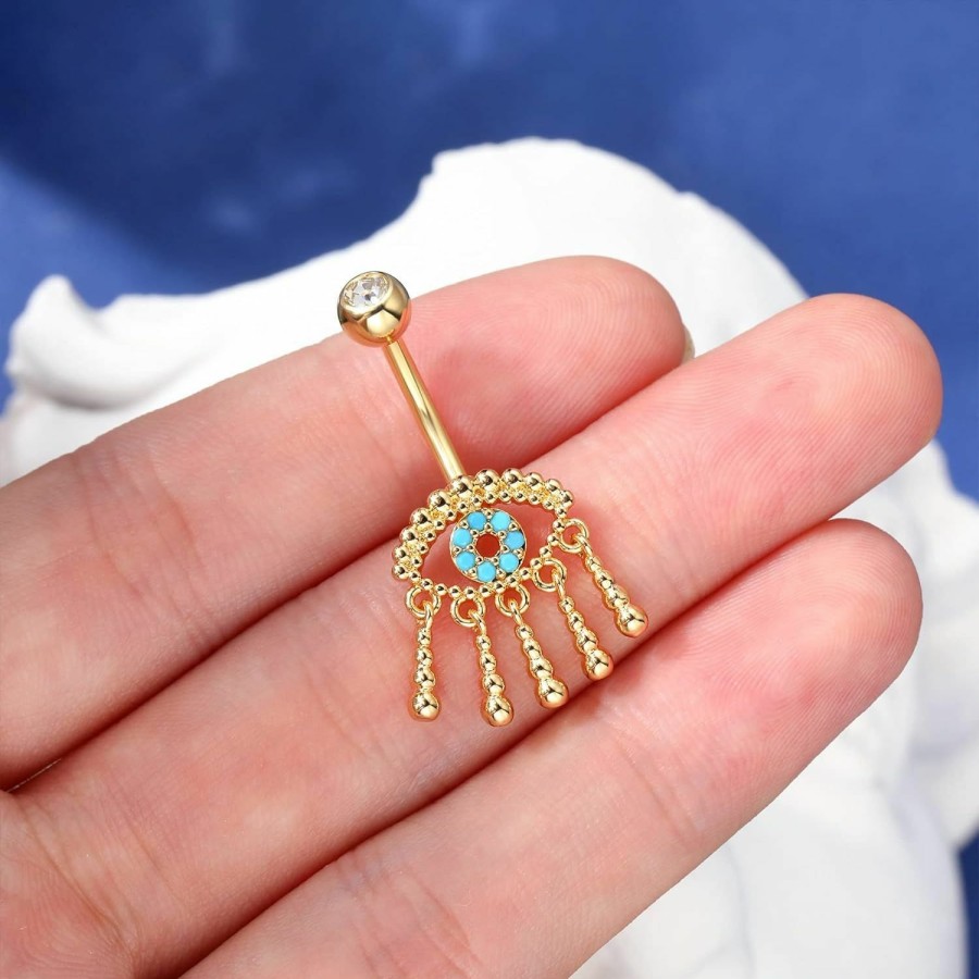 COCHARM Cocharm Evil Eye Belly Button Rings Dangling Belly Rings Gold Silver Cute Tassel Belly Rings 14G Blue Turquoise Eye Belly Button Ring Stainless Steel Navel Piercing For Women | Body Piercing Barbells