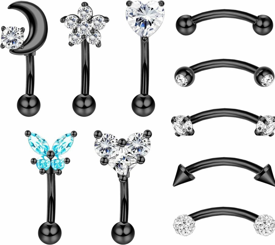 ZZHDCC Zzhdcc 8-12Pcs 16G Rook Piercing Jewelry Daith Rook Earrings For Women Men 316L Stainless Steel Eyebrow Rings Curved Barbell Belly Lip Ring Cz Cartilage Tragus Helix Piercing Jewelry 6Mm Black Silver | Body Piercing Barbells