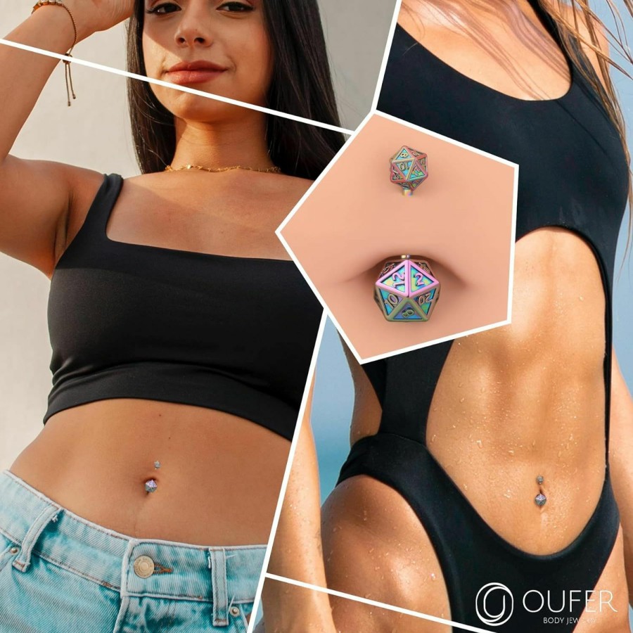 OUFER Oufer 14G Belly Rings, 20 Sided Dice Icosahedron 316L Stainless Belly Button Rings, Dnd Navel Piercing Jewelry, Curved Barbells | Body Piercing Barbells