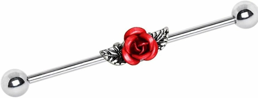 Pierced Owl Pierced Owl 14Ga 316L Surgical Steel Red Rose With Leaves Industrial Barbell | Body Piercing Barbells