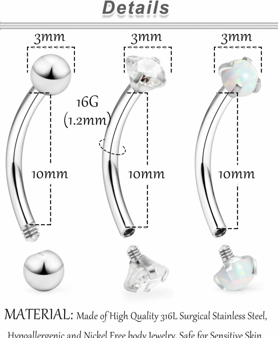 Ocptiy Ocptiy 16G 10Mm Eyebrow Rook Piercing Jewelry 316L Surgical Steel Belly Lip Rings Snake Eye Tongue Rings Curved Barbell Vertical Lip Labret Rings Piercing Jewelry For Women Men 3Mm Opal Cz Ball | Body Piercing Barbells