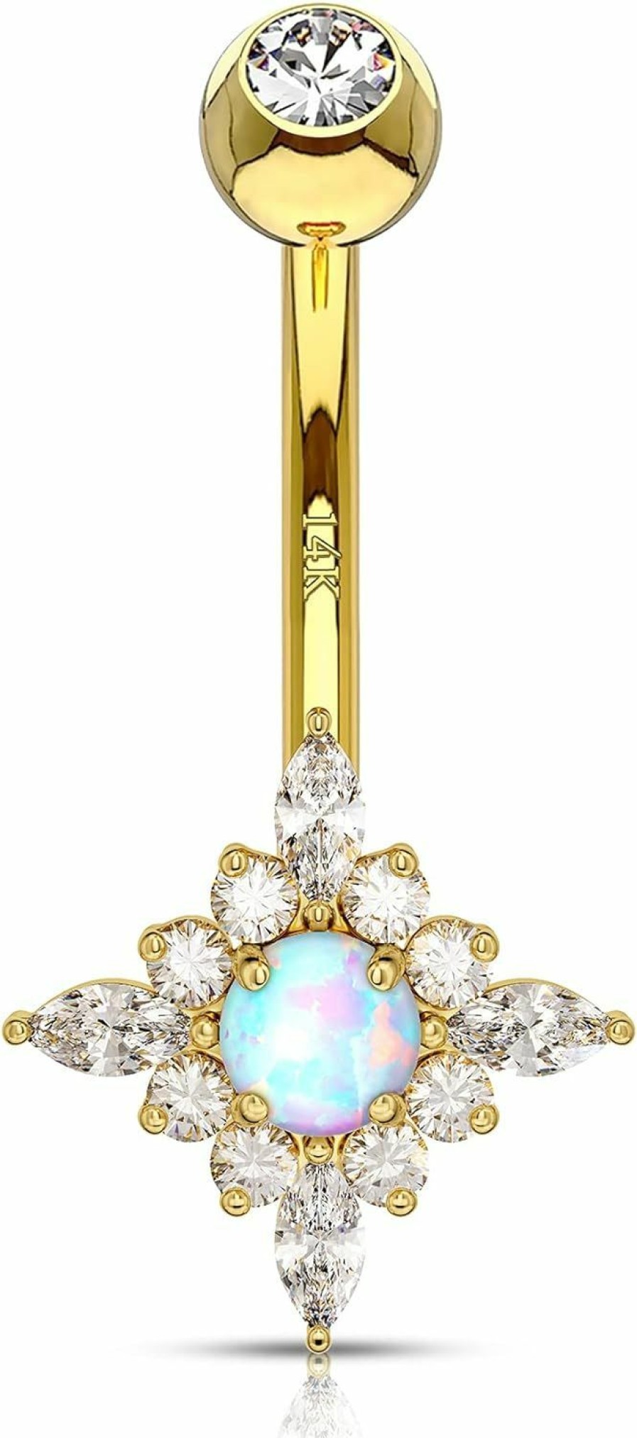 COCHARM Cocharm 14K Gold Star Belly Rings 14G Diamond And Opal Solid Gold Belly Button Ring Barbell For Women | Body Piercing Barbells