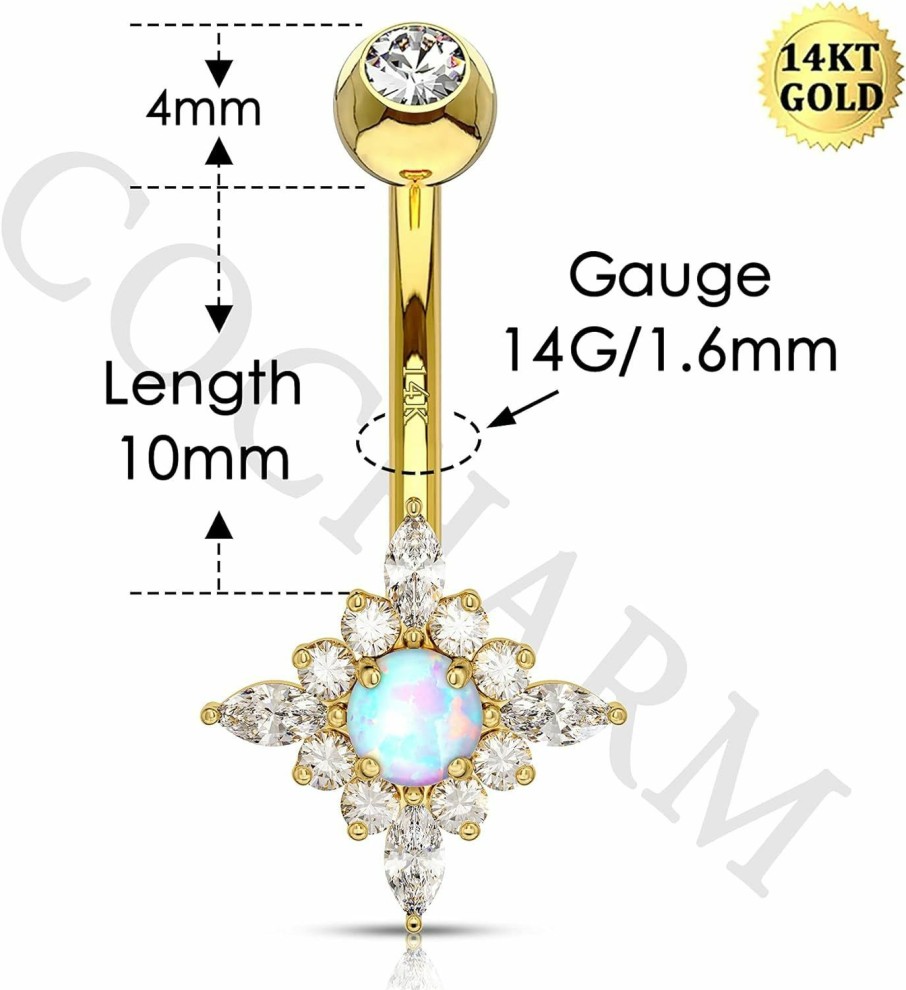 COCHARM Cocharm 14K Gold Star Belly Rings 14G Diamond And Opal Solid Gold Belly Button Ring Barbell For Women | Body Piercing Barbells