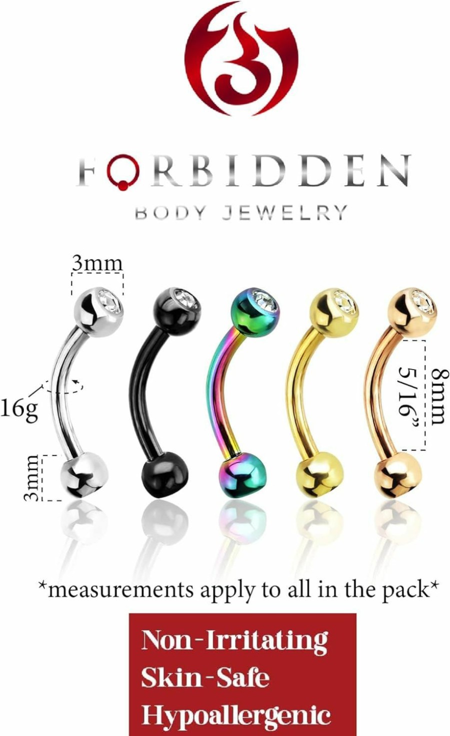 Forbidden Body Jewelry Forbidden Body Jewelry 16G Surgical Steel Curved Barbells For Eyebrow/Rook/Daith Piercing And More (5-Pack 8Mm) | Body Piercing Barbells