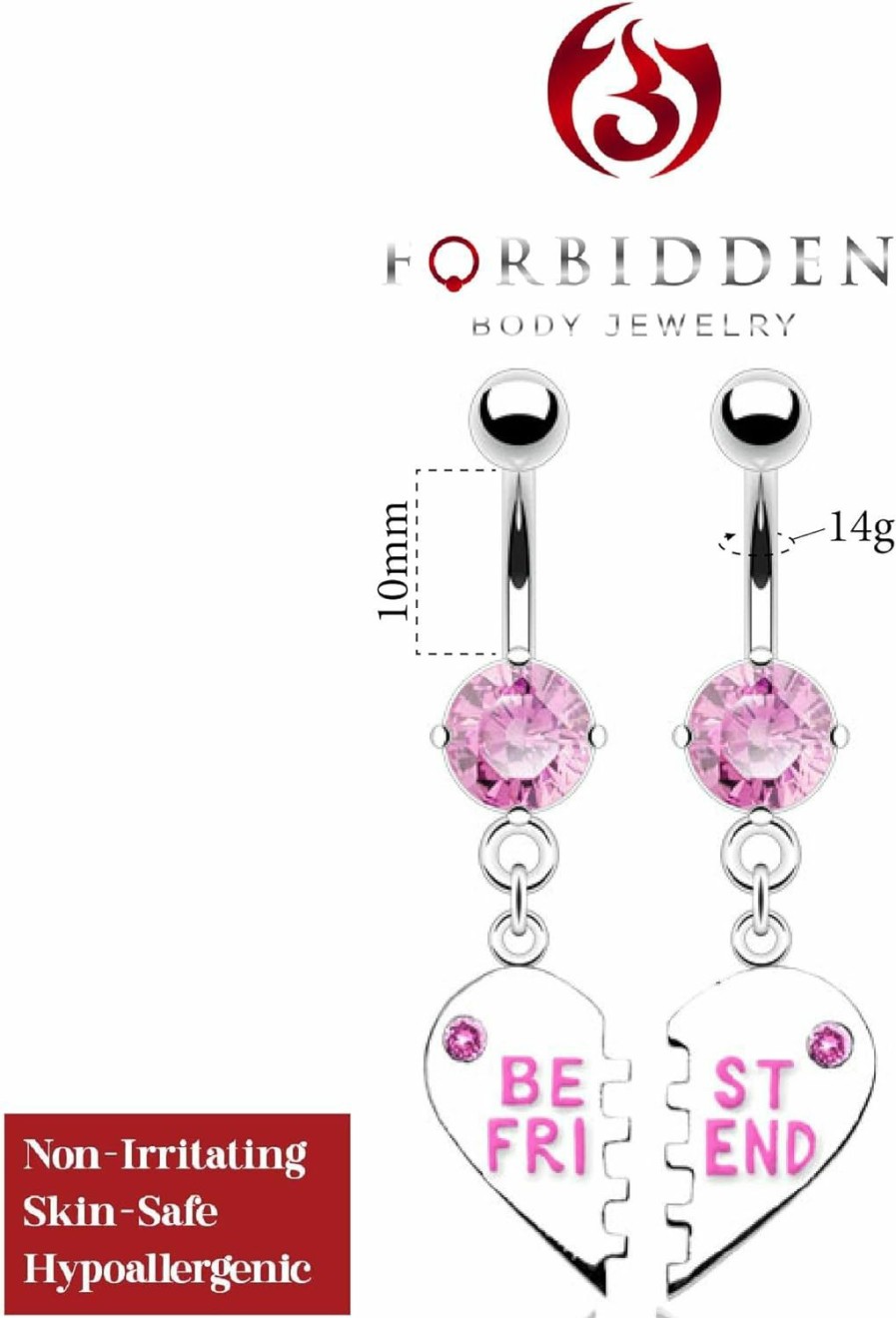 Forbidden Body Jewelry Forbidden Body Jewelry Surgical Steel Set Of Best Friend Matching Pink Gem Dangle Heart Belly Button Rings | Body Piercing Barbells