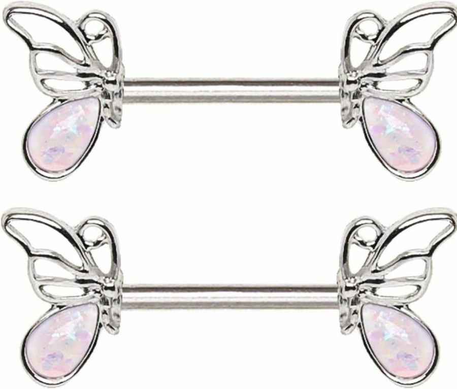 Pierced Owl Pierced Owl White Synthetic Opal Butterfly Barbell Nipple Rings, Sold As A Pair | Body Piercing Barbells