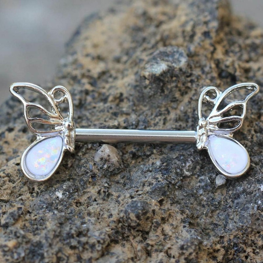 Pierced Owl Pierced Owl White Synthetic Opal Butterfly Barbell Nipple Rings, Sold As A Pair | Body Piercing Barbells