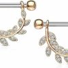 Forbidden Body Jewelry Forbidden Body Jewelry Pair Of Surgical Steel 9/16 Inch (14Mm) D-Ring Style Pave Cz Leaves Dangle Nipple Barbells | Body Piercing Barbells