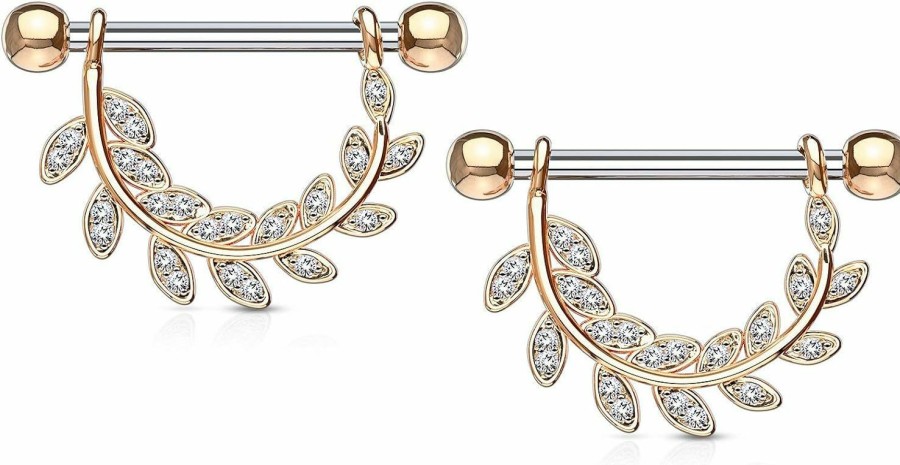 Forbidden Body Jewelry Forbidden Body Jewelry Pair Of Surgical Steel 9/16 Inch (14Mm) D-Ring Style Pave Cz Leaves Dangle Nipple Barbells | Body Piercing Barbells