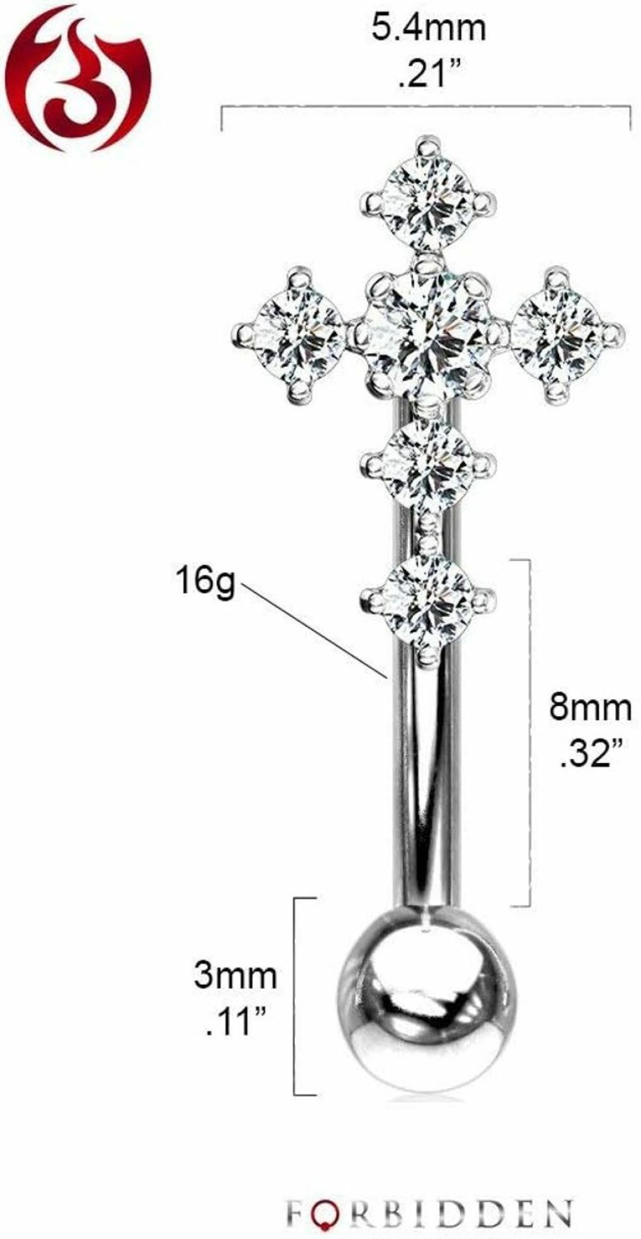 Forbidden Body Jewelry Forbidden Body Jewelry 16G 8Mm Surgical Steel Curved Barbell For Daith, Eyebrow, Rook & Belly Button With Cz Cross Top | Body Piercing Barbells