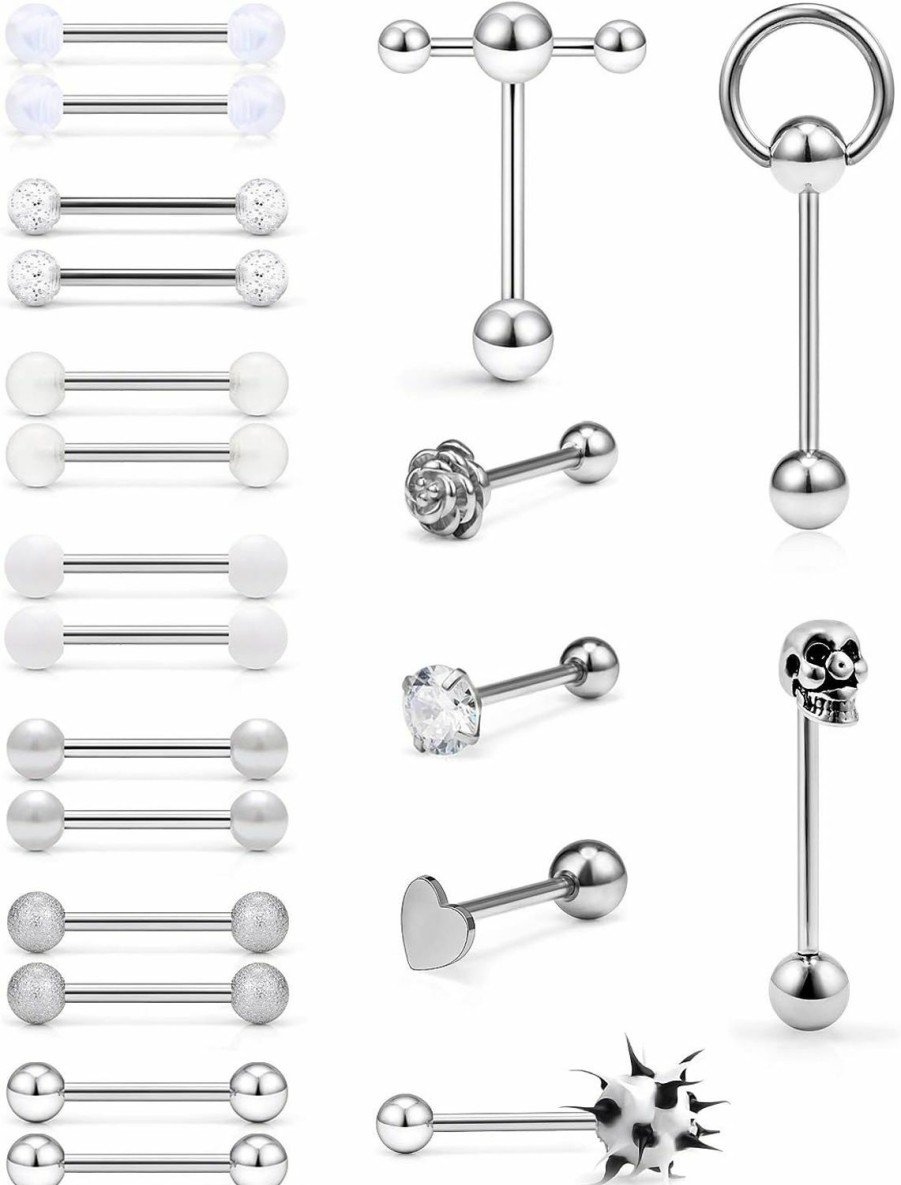 SCERRING Scerring 14G Tongue Rings Stainless Steel Rose Skull Heart Tongue Nipple Ring Body Piercing Jewelry Retainer 21Pcs | Body Piercing Barbells