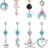 FIBO STEEL Fibo Steel 8 Pcs 14G Dangle Belly Button Rings For Women 316L Surgical Steel Mermaid Anchor Seashell Turtle Barbell Body Belly Piercing Jewelry Set | Body Piercing Barbells