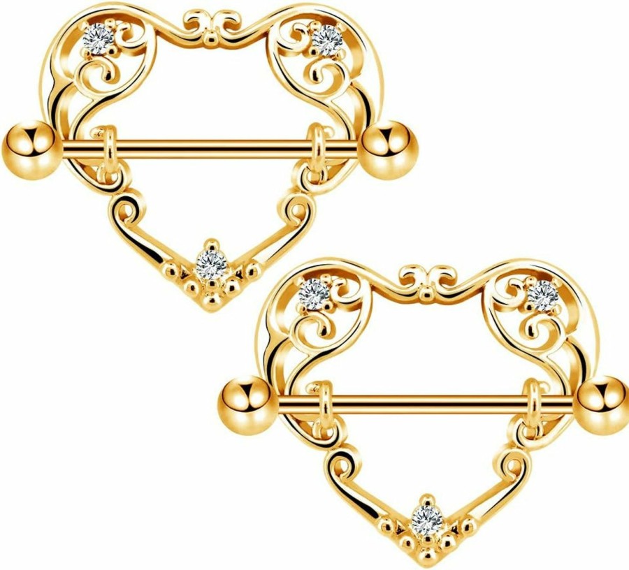 COCHARM Cocharm 14G Heart Nipple Rings For Women Surgical Steel Cz Nipple Piercings Nipple Barbells Nipple Bars Gold Silver Rose Gold | Body Piercing Barbells