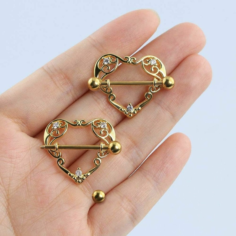 COCHARM Cocharm 14G Heart Nipple Rings For Women Surgical Steel Cz Nipple Piercings Nipple Barbells Nipple Bars Gold Silver Rose Gold | Body Piercing Barbells