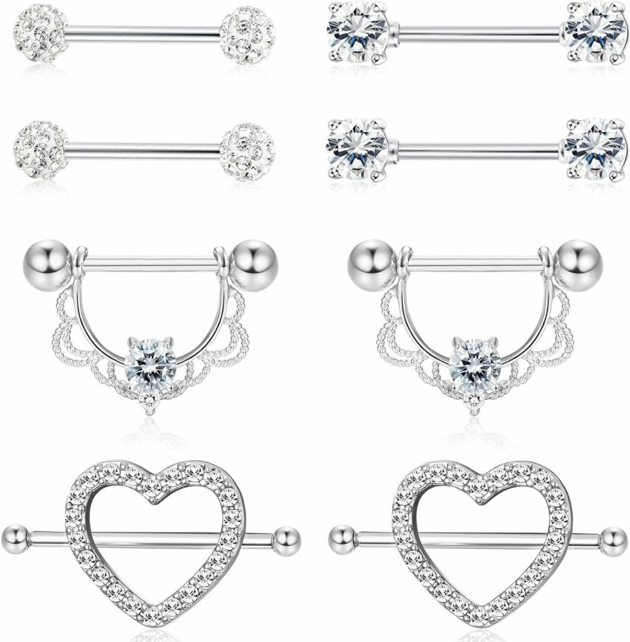 ORAZIO Orazio 4 Pairs 14G Stainless Steel Nipplerings Nipple Tongue Rings Cz Opal Barbell Body Piercing Jewelry | Body Piercing Barbells