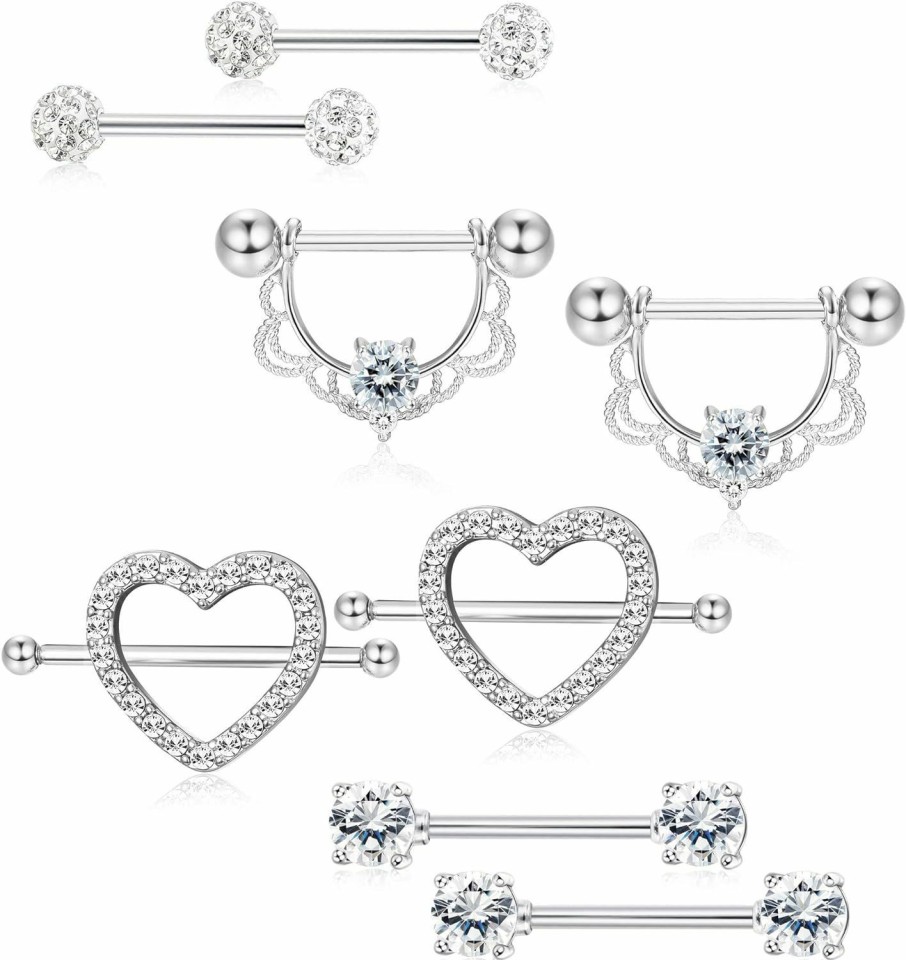 ORAZIO Orazio 4 Pairs 14G Stainless Steel Nipplerings Nipple Tongue Rings Cz Opal Barbell Body Piercing Jewelry | Body Piercing Barbells