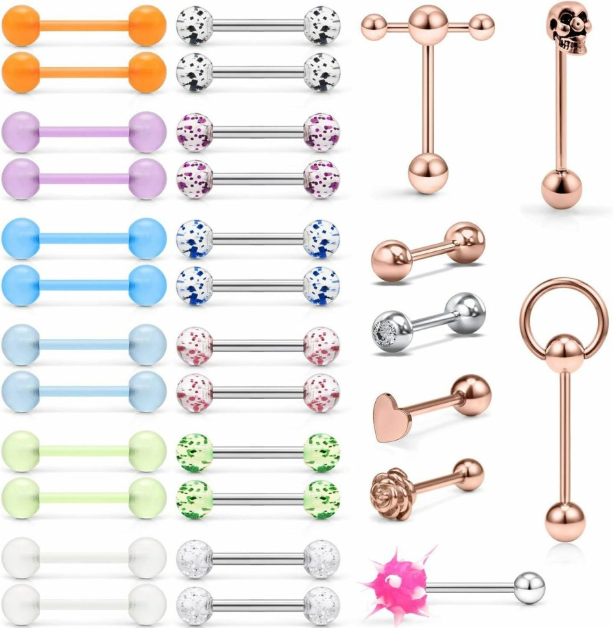 SCERRING Scerring 14G Tongue Rings Stainless Steel Rose Skull Bioflex Flexible Acrylic Tongue Nipple Ring Body Piercing Jewelry Retainer 32Pcs | Body Piercing Barbells