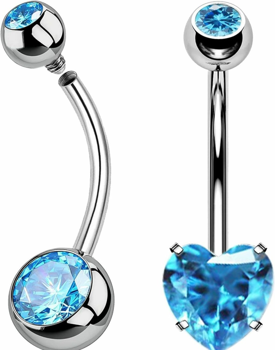 FLOGWE 14G G23 Solid Titanium Belly Button Rings, Internally Threaded 10Mm 12Mm Long Belly Ring, Round Heart-Shaped Cz Navel Rings For Women Men | Body Piercing Barbells