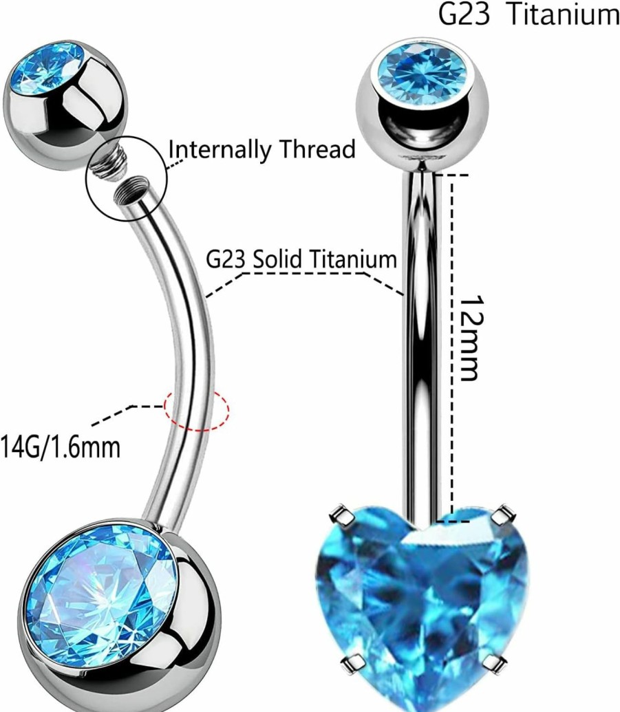 FLOGWE 14G G23 Solid Titanium Belly Button Rings, Internally Threaded 10Mm 12Mm Long Belly Ring, Round Heart-Shaped Cz Navel Rings For Women Men | Body Piercing Barbells