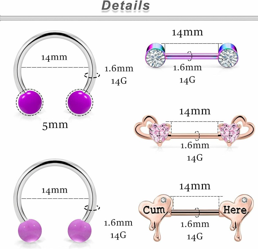 Ocptiy Ocptiy Purple Nipple Rings For Women 14G Surgical Steel Nipple Shield Barbell Ring Bar Nipplerings Body Piercing Jewelry For Women | Body Piercing Barbells