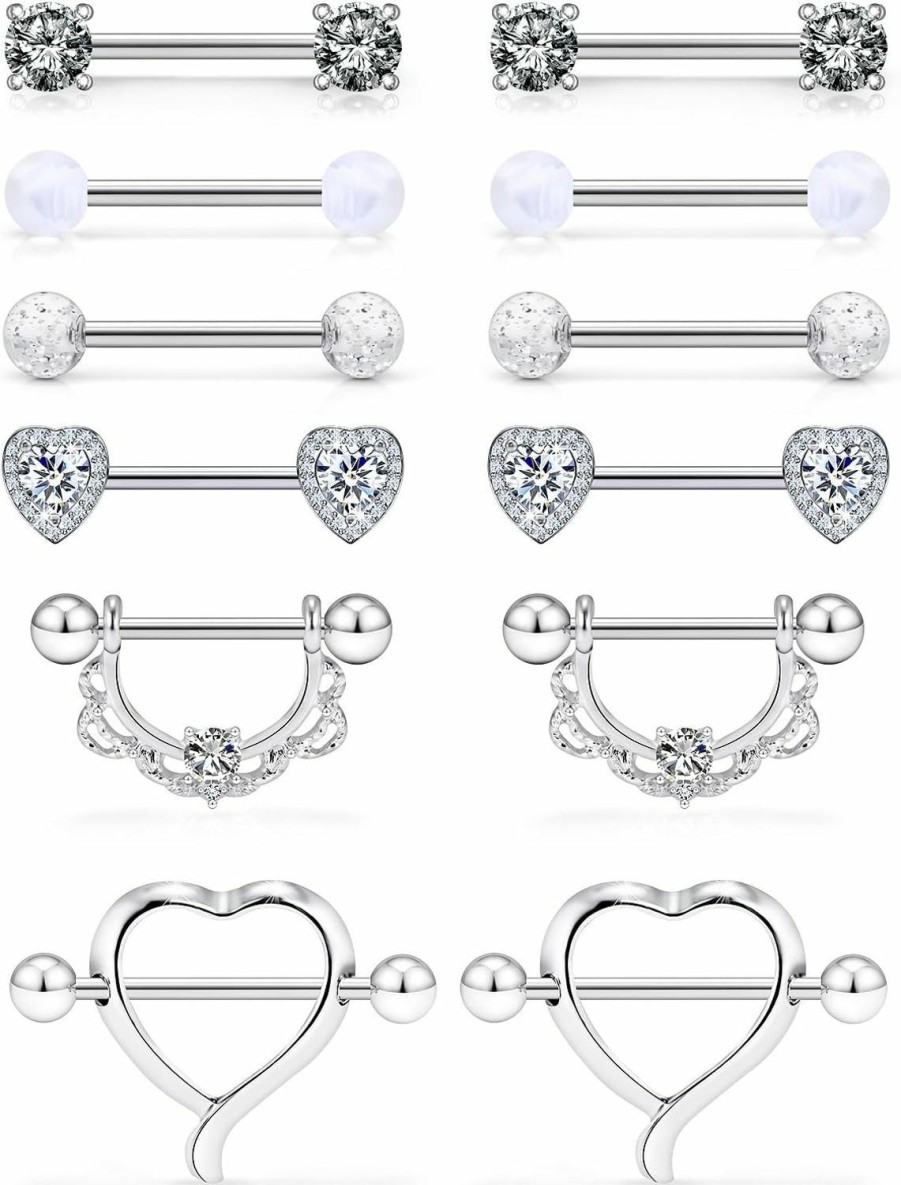 Lcolyoli Lcolyoli 14G Surgical Steel Nipple Rings For Women Nipple Shield Barbell Ring Bar Heart Nipple Piercing Jewelry Set | Body Piercing Barbells