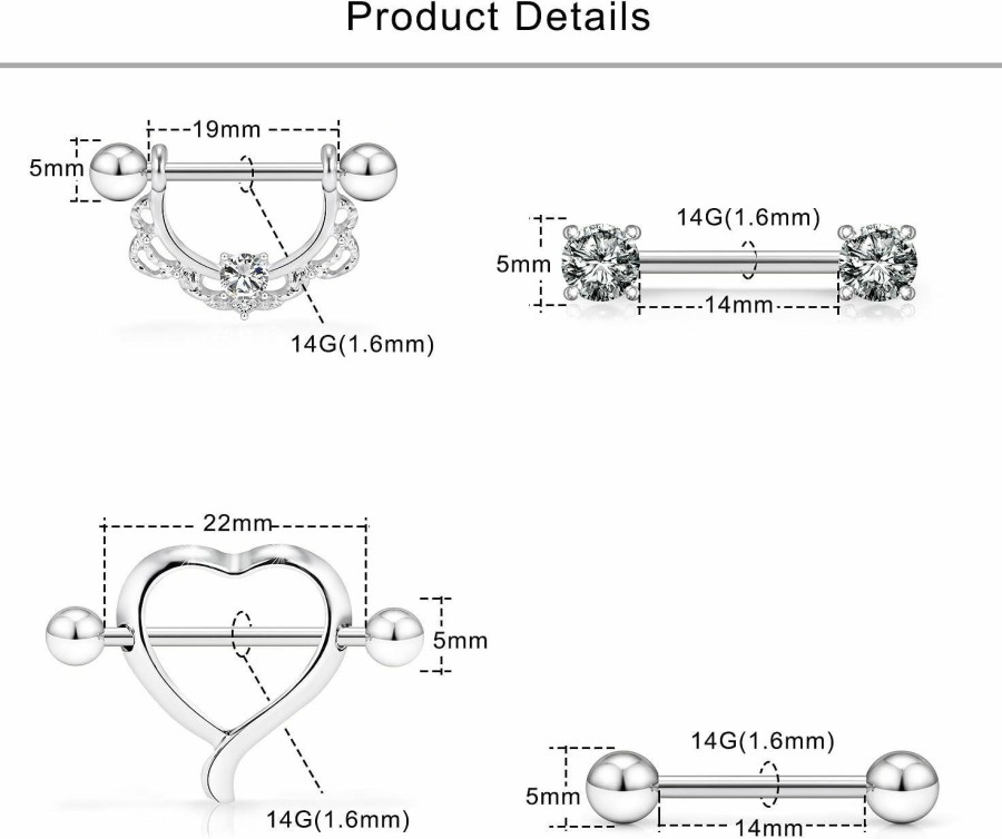 Lcolyoli Lcolyoli 14G Surgical Steel Nipple Rings For Women Nipple Shield Barbell Ring Bar Heart Nipple Piercing Jewelry Set | Body Piercing Barbells