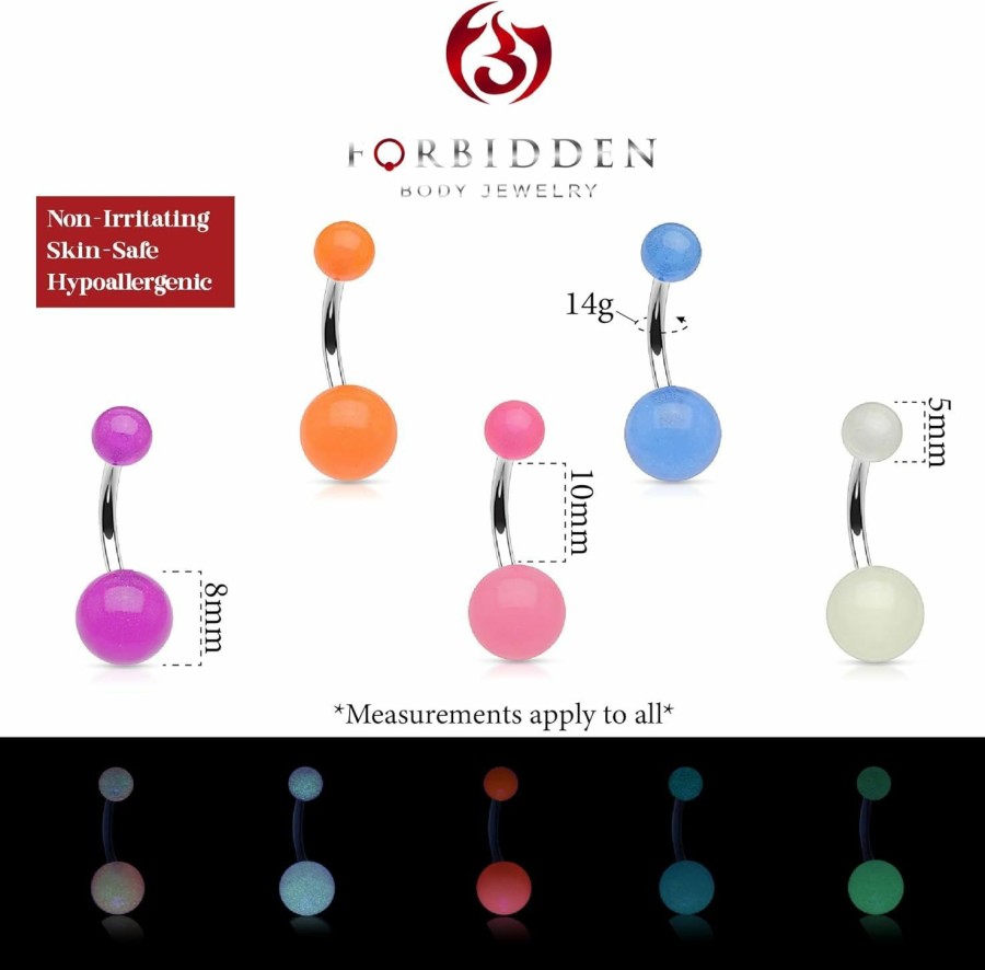 Forbidden Body Jewelry Forbidden Body Jewelry Belly Button Rings Glow In The Dark Belly Rings 14G Stainless Steel Women'S Navel Piercing 5-Pack | Body Piercing Barbells