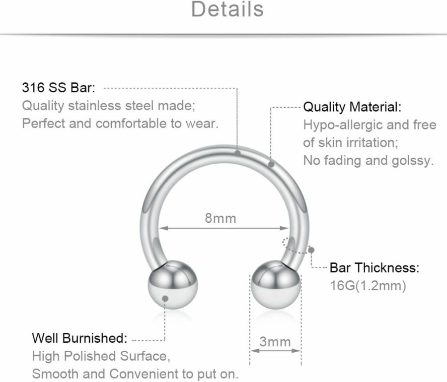 SCERRING Scerring 12Pcs 316L Stainless Steel 16G Circular Barbells Eyebrow Lip Ear Tragus Horseshoe Hoop Rings 6-12Mm | Body Piercing Barbells