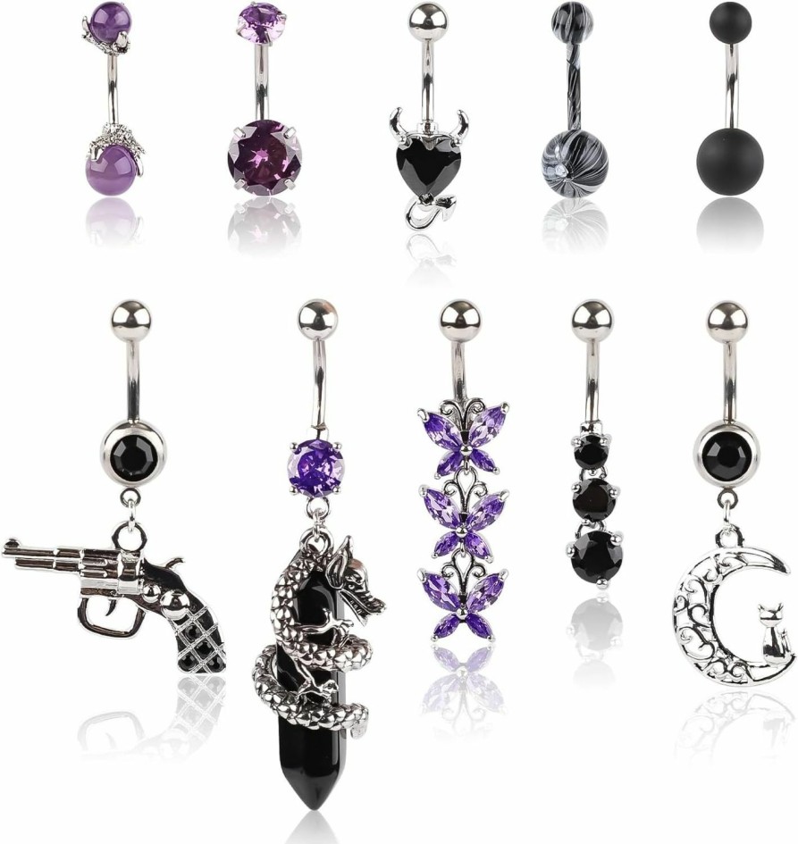 XIHIRCD Xihircd 10Pcs Belly Button Rings, Stainless Steel Belly Rings Dangling Black Purple Heart Butterfly Moon Dangle Belly Button Rings Barbell Navel Body Piercing Jewelry For Women Girls | Body Piercing Barbells