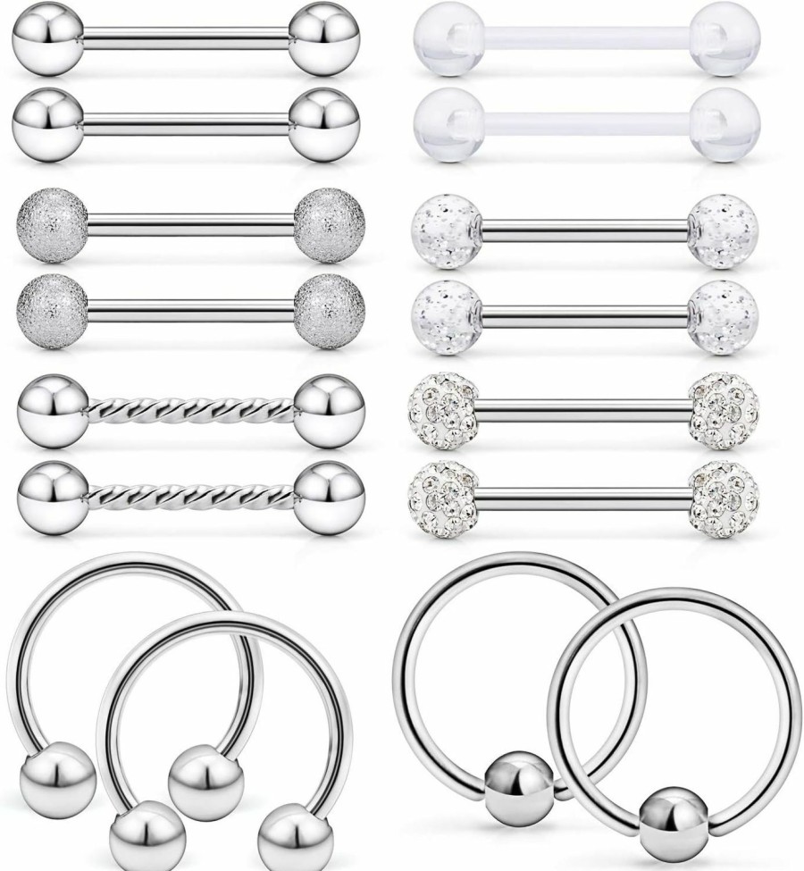 Ftovosyo Ftovosyo 16Pcs Nipple Ring 14G Surgical Steel Tongue Nipplerings Barbell Bar Hoop Rings Retainer Piercing Jewelry For Women Men 14Mm (9/16 Inch) | Body Piercing Barbells