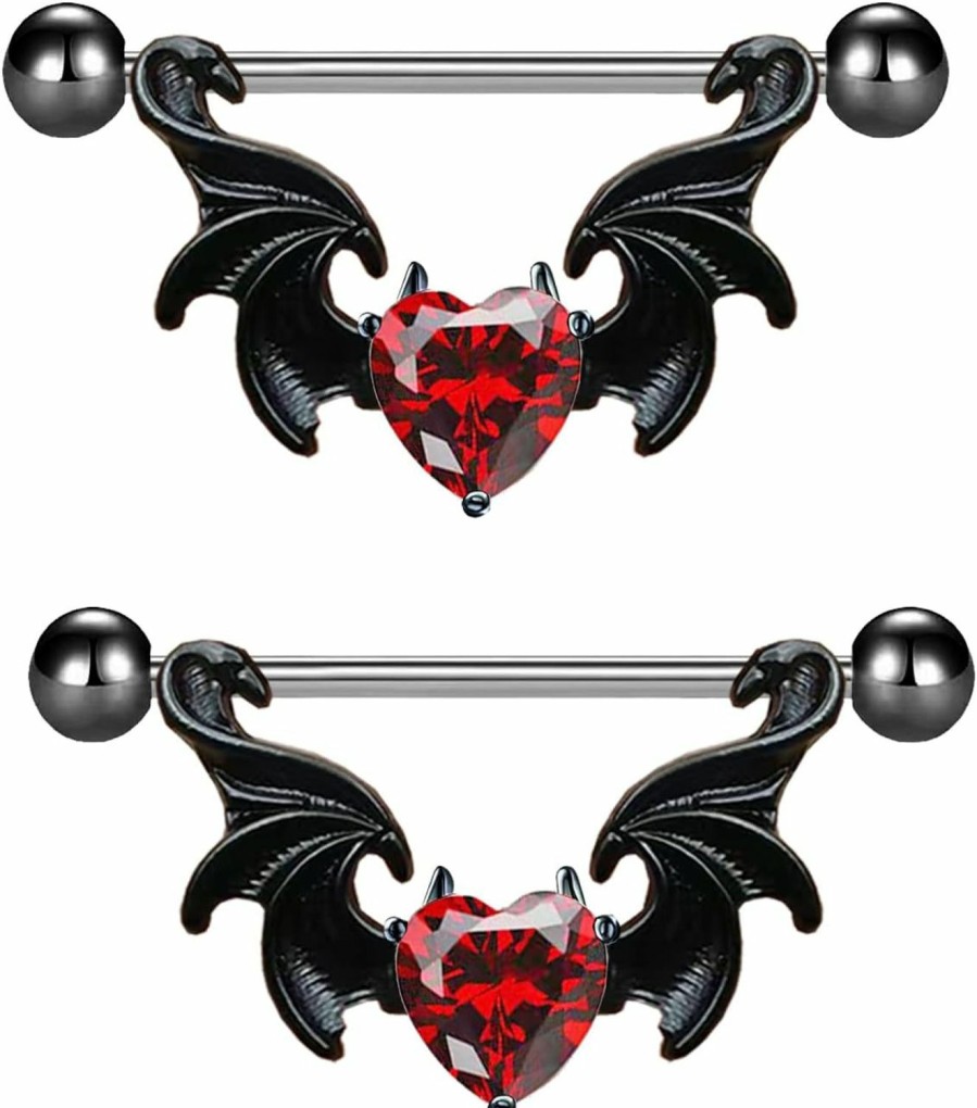 FLOGWE Flogwe 14G 316L Nipple Rings Surgial Steel Halloween Devil Heart Nipple Ring Bat Dragon Wings Nipple Piercing Jewelry For Women Men | Body Piercing Barbells