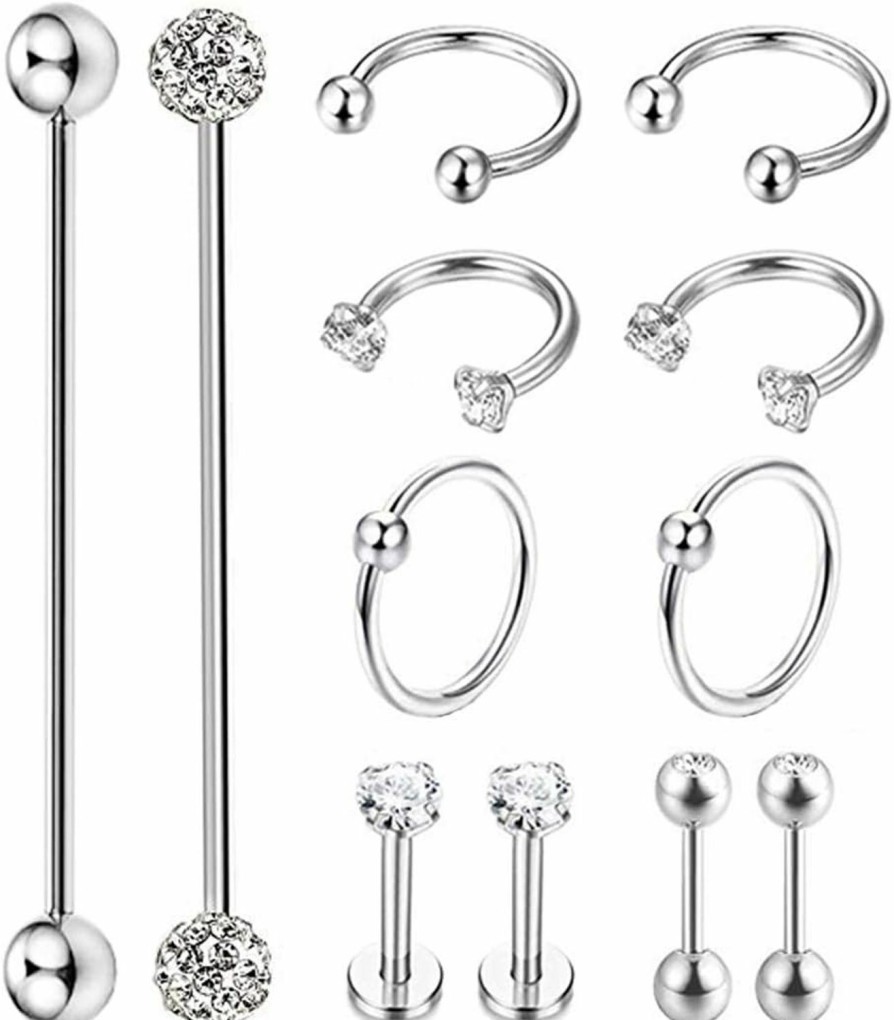 Masedy Masedy 12Pcs Stainless Steel Industrial Barbell Cartilage Piercing Earrings For Women Men Hoop Helix Tragus Labret Piercing | Body Piercing Barbells