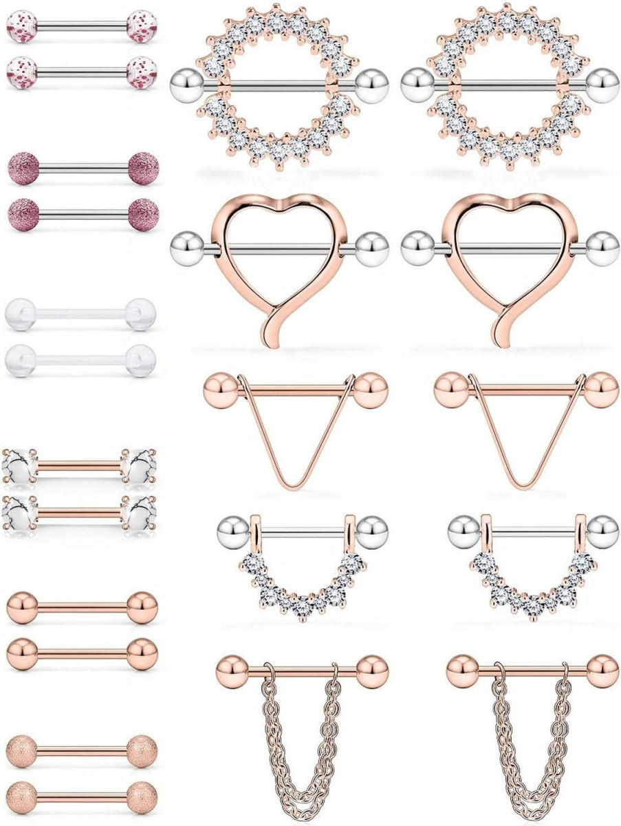 SCERRING Scerring 14G Nipple Rings Stainless Steel Nipplerings Cz Heart Tongue Shield Barbell Rings Retainer Body Piercing Jewelry For Women 9/16Inch 11 Pairs | Body Piercing Barbells