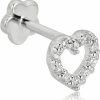 AVORA Avora 14K Gold Simulated Diamond Cz Open Heart Cartilage Piercing Flat Back Earring Body Jewelry (18 Gauge) | Body Piercing Barbells