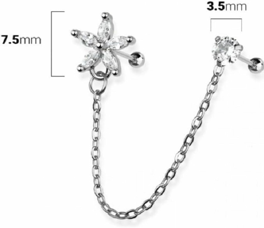 Pierced Owl Pierced Owl 18Ga 316L Stainless Steel Flower And Round Cz Crystal Connecting Chain Linked Cartilage Barbells | Body Piercing Barbells