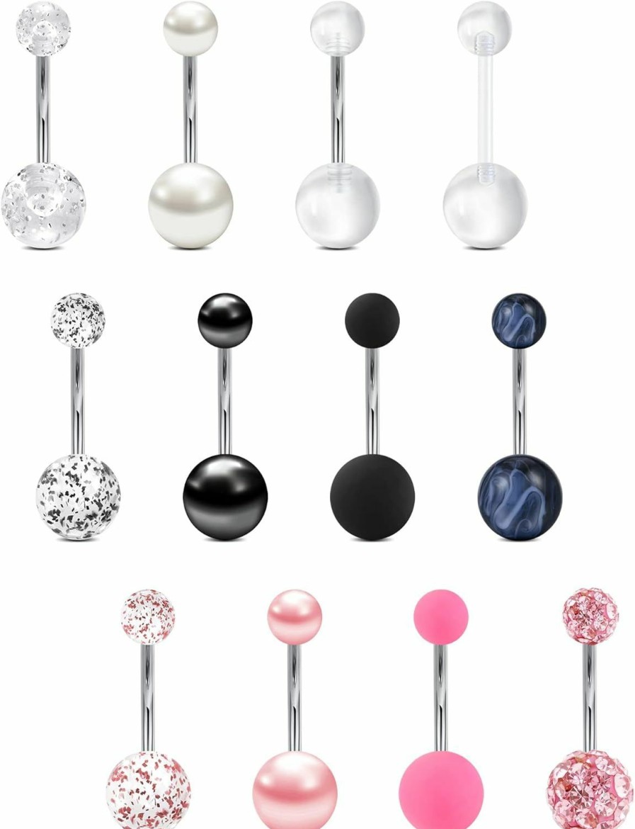 VCMART Vcmart 14G 12Mm 14Mm Belly Button Ring Surgical Steel Belly Button Rings Silver Pink Green Belly Rings For Women Navel Rings Piercing Jewelry Long Bar Belly Button Piercing Jewelry | Body Piercing Barbells