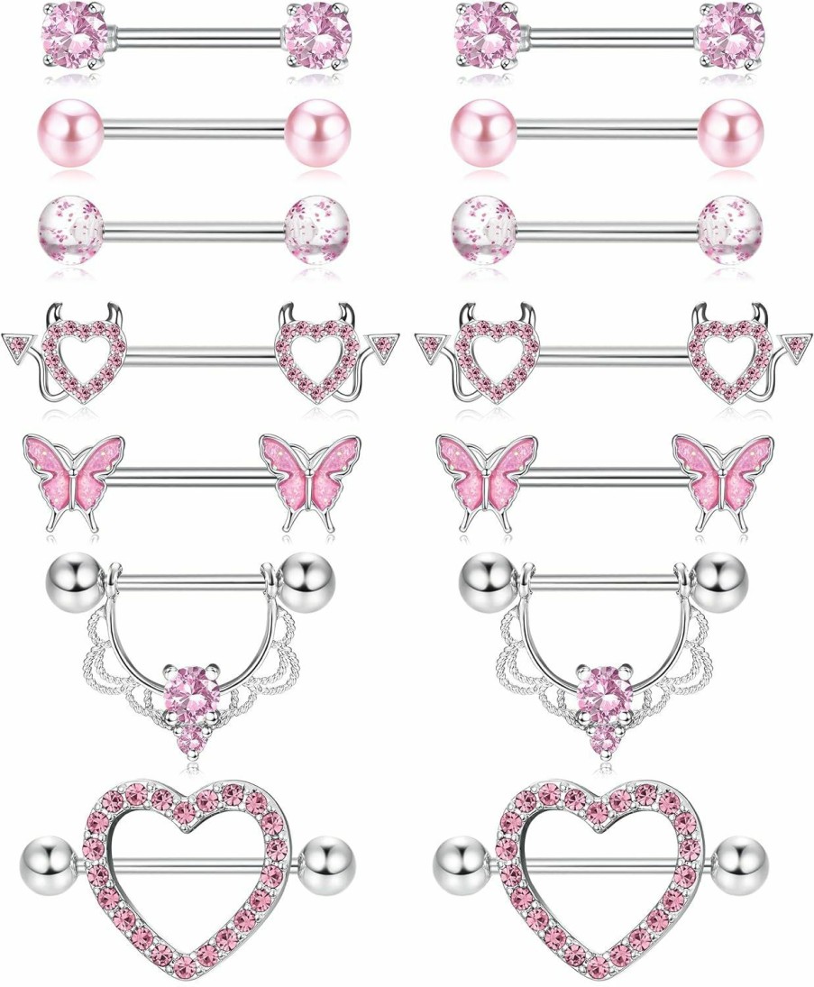 Fansilver Fansilver 7 Pairs 14G Nipple Rings For Women Surgical Steel Nipple Piercing Cz Heart Butterfly Barbell Nipple Rings Set Cute Nipple Body Piercing Jewelry | Body Piercing Barbells