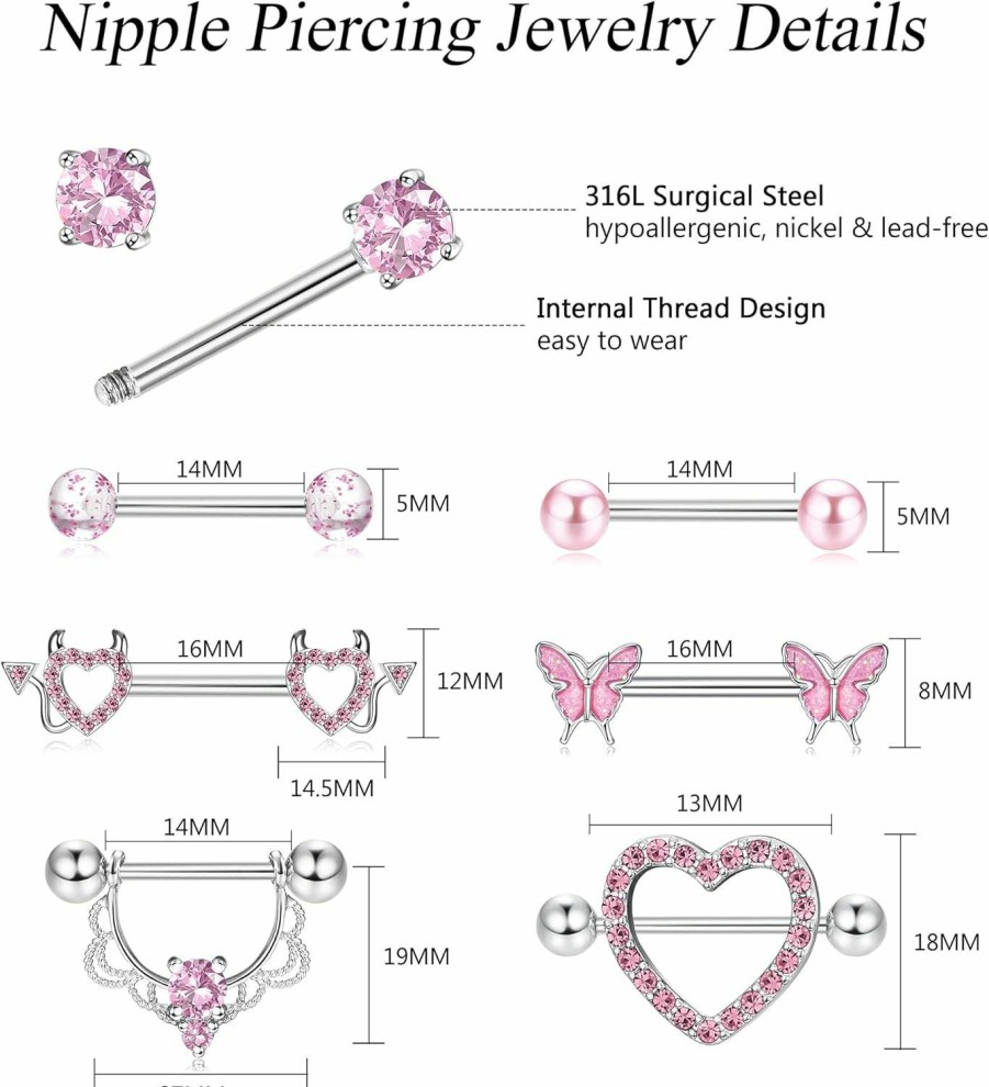 Fansilver Fansilver 7 Pairs 14G Nipple Rings For Women Surgical Steel Nipple Piercing Cz Heart Butterfly Barbell Nipple Rings Set Cute Nipple Body Piercing Jewelry | Body Piercing Barbells