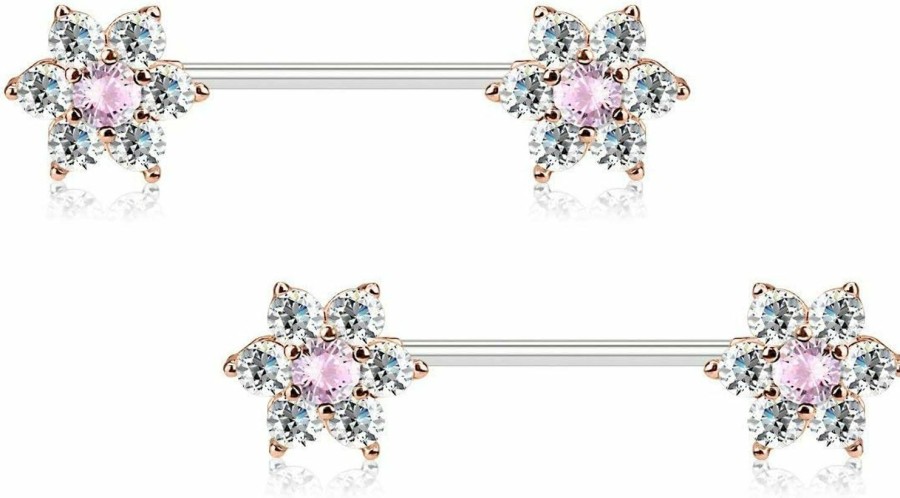 Forbidden Body Jewelry Forbidden Body Jewelry Pair Of Surgical Steel 5/8 Inch (16Mm) 7-Cz Posh Flower Nipple Barbells | Body Piercing Barbells