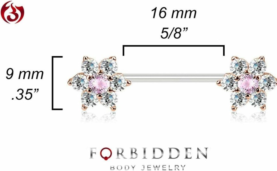 Forbidden Body Jewelry Forbidden Body Jewelry Pair Of Surgical Steel 5/8 Inch (16Mm) 7-Cz Posh Flower Nipple Barbells | Body Piercing Barbells