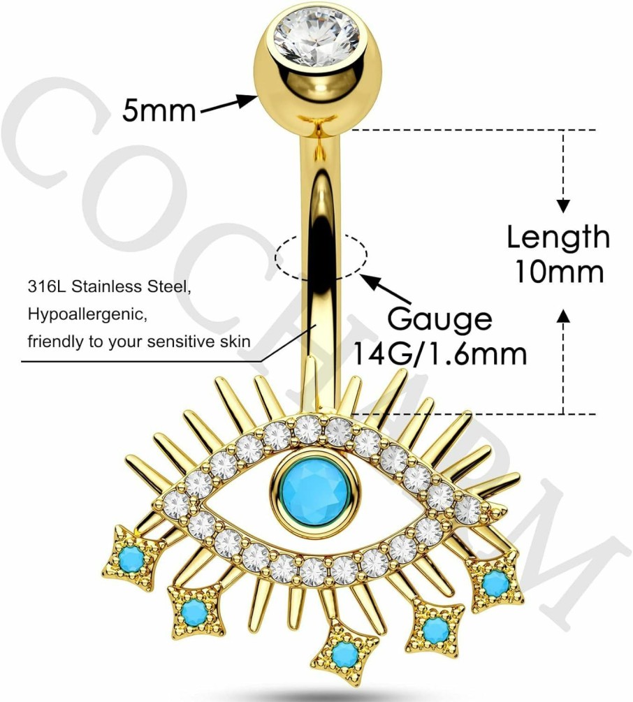 COCHARM Cocharm 14G Evil Eye Belly Button Rings 10Mm Belly Button Ring Gold/Silver Surgical Steel Belly Rings For Women Hypoallergenic | Body Piercing Barbells