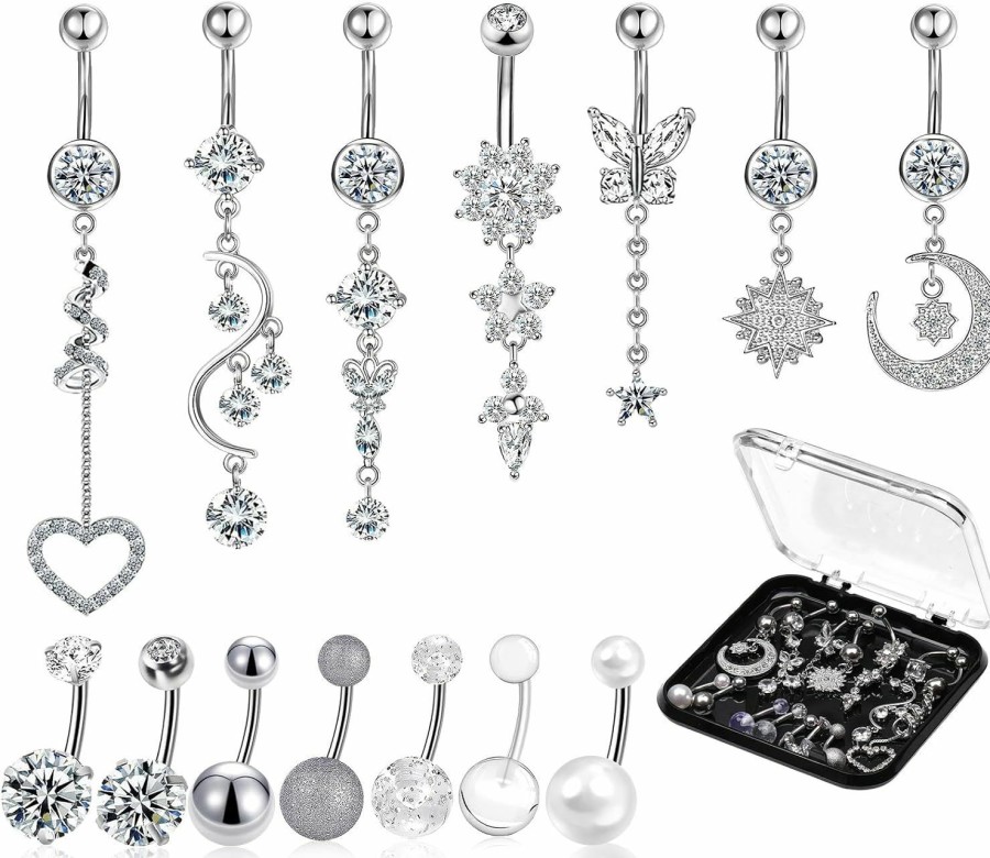 Lucomb 14 Pcs Belly Button Rings For Women Girls, 14G Long Dangle Navel Ring Screw Bar Design Body Piercing Jewelry Belly Rings Gifts | Body Piercing Barbells